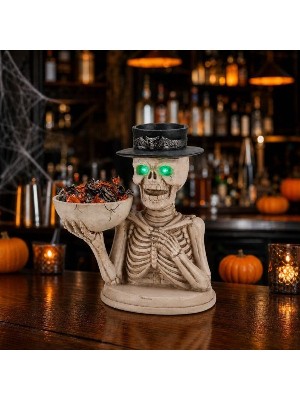 Spooky Halloween Skeleton Candy Bowl & Candle Holder with Glowing Eyes